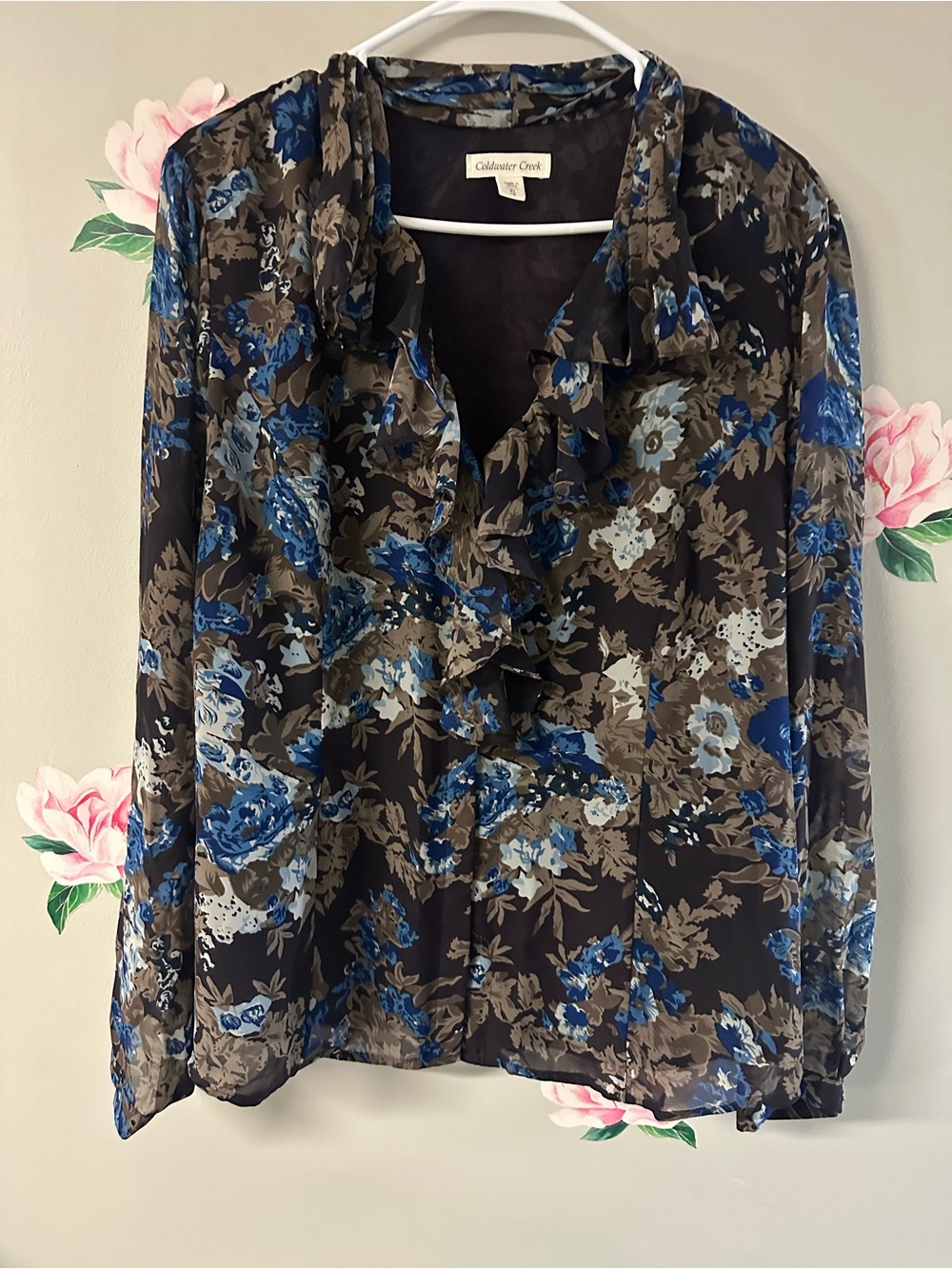 Coldwater Creek Black Floral Ruffle Blouse with Blue Accents